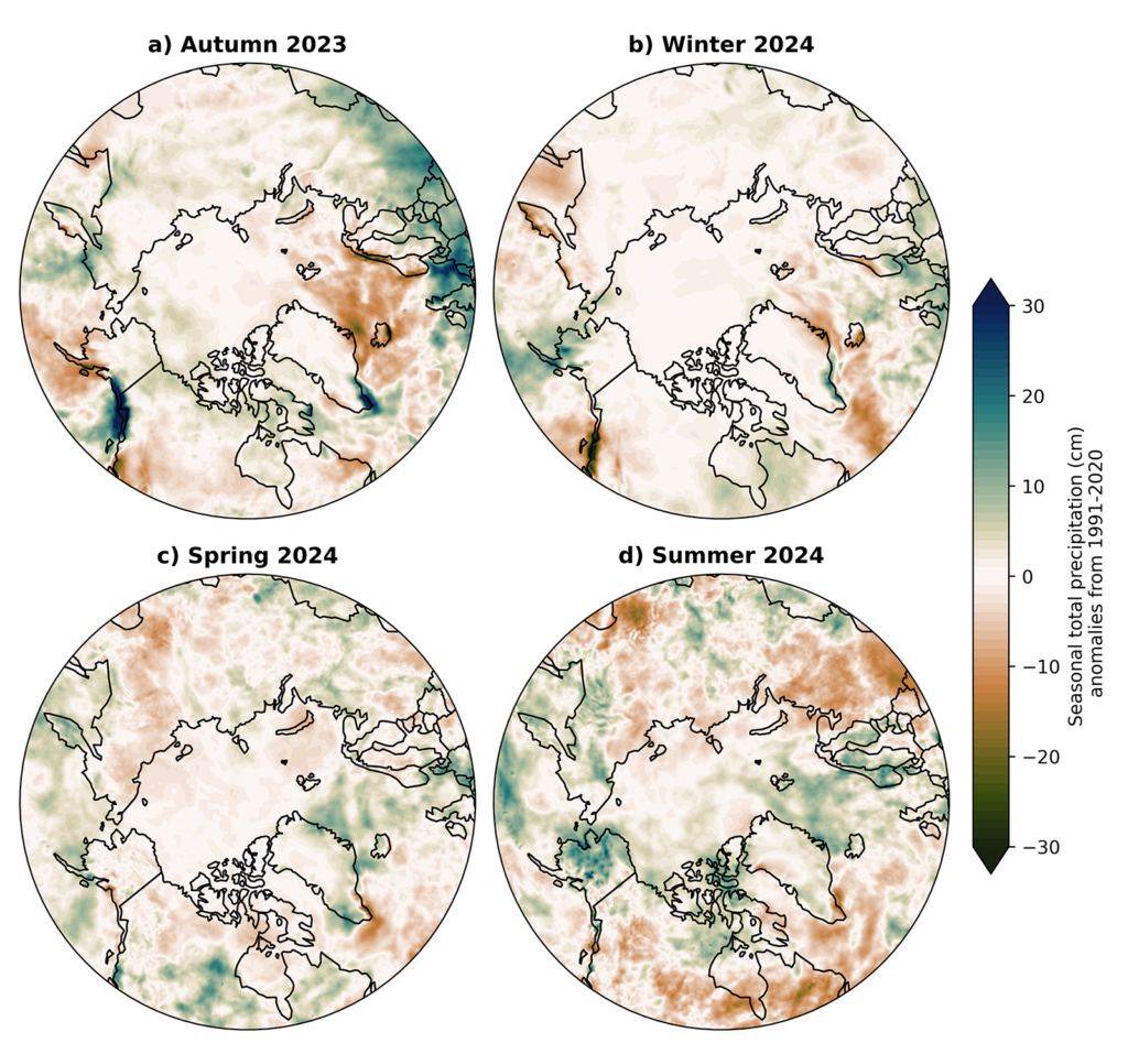 Maps of seasonal precipitation anomalies for autumn 2023, winter 2024, spring 2024 and summer 2024
